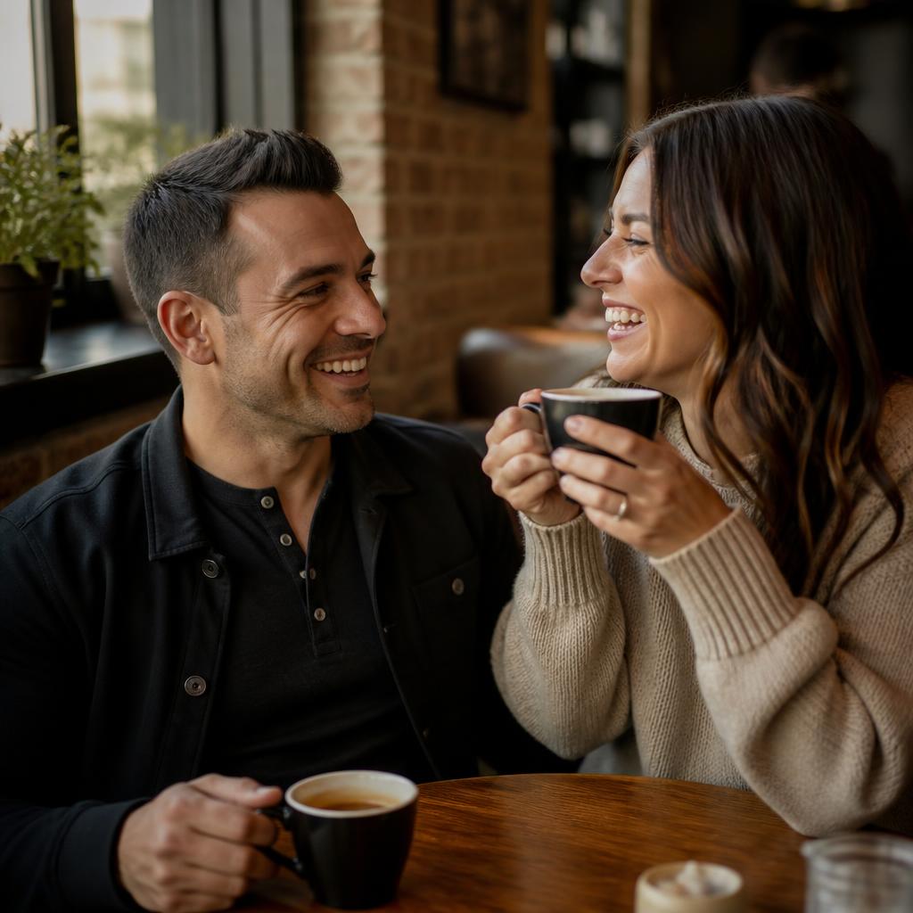 Happy couple connecting at a cafe